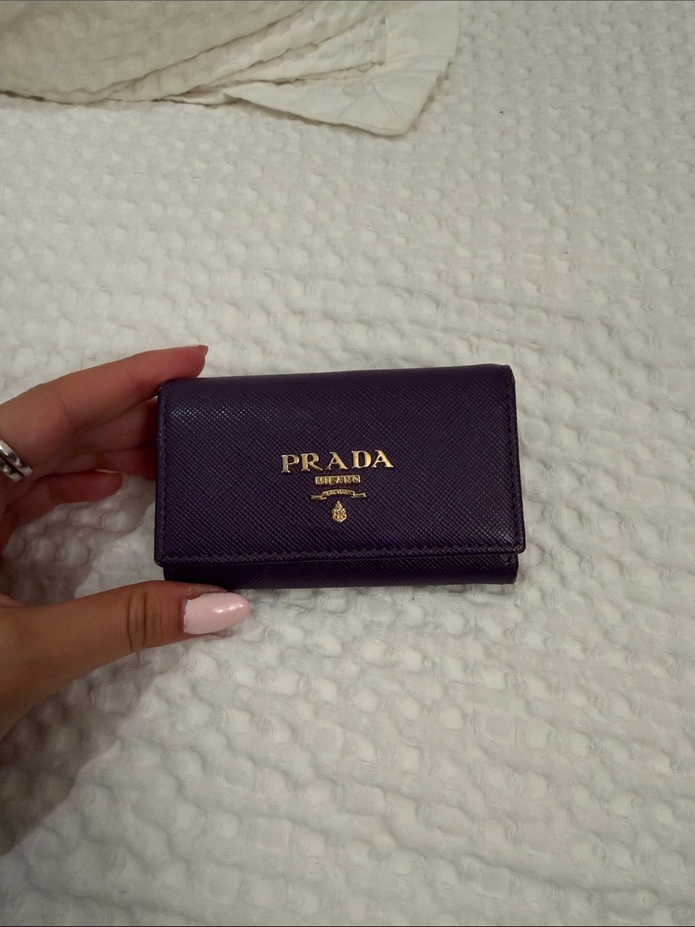 Prada Deep Purple Saffiano Key & Card Holder with Gold Logo